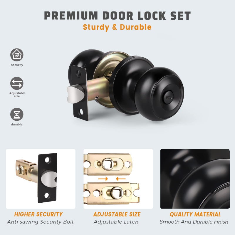 KNOBWELL 2 Pack Ball Privacy Door Knob, Black Interior Door Knob, Door Knob with Lock for Storeroom Bedroom Bathroom, Interior Door Use, Matte Black - Image 4